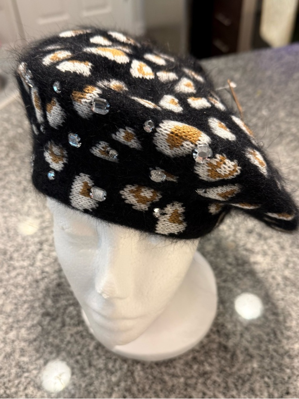 C.C Exclusives Leopard Fuzzy Beret Hat Rhinestone Crystal Black NWT One Size